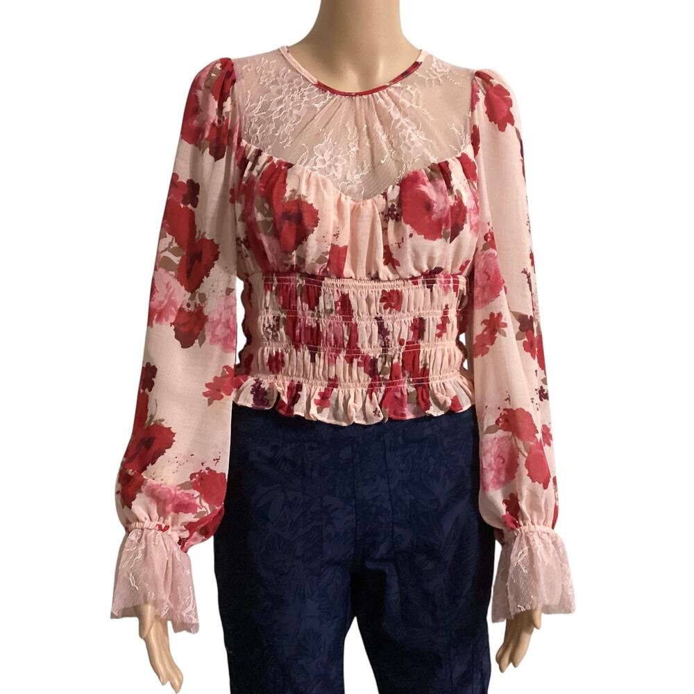 Free People Daphne Floral Smocked Blouse Pink Lace Trim‎ Long Sleeve Boho SP